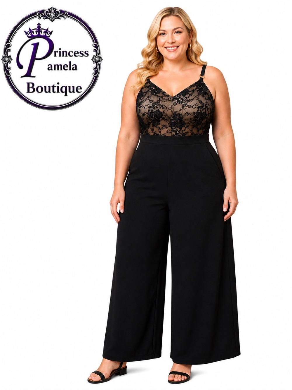 Black Floral Lace Lined Color Contrast Jumpsuit-Size 22-24